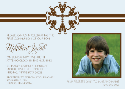 First Communion Invitation - Stripe Cross First Communion With Photo