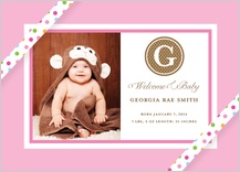Birth Announcement with photo - baby monogram dots ribbon