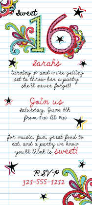 Birthday Party Invitation - Notebook Doodles Sweet 16 Birthday Invite