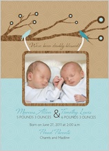 Birth Announcement with photo - blue bird twins