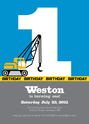 Birthday Party Invitation - First Birthday Crane Construction